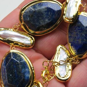24k Gold overlayed Fresh Water Pearl & Lapis  Bracelet Hand Crafted